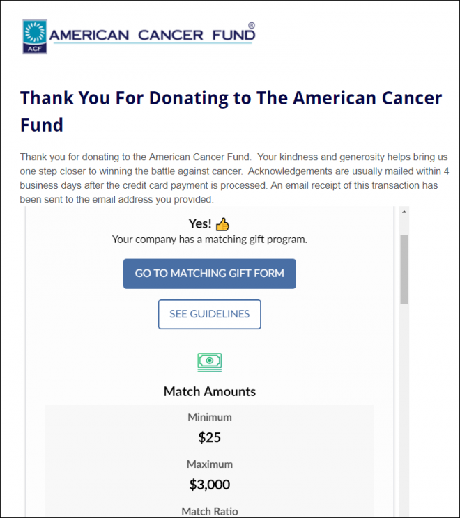 Double the Donation matching gift information on a confirmation page Double the Donation-America's Charities-example 3.png